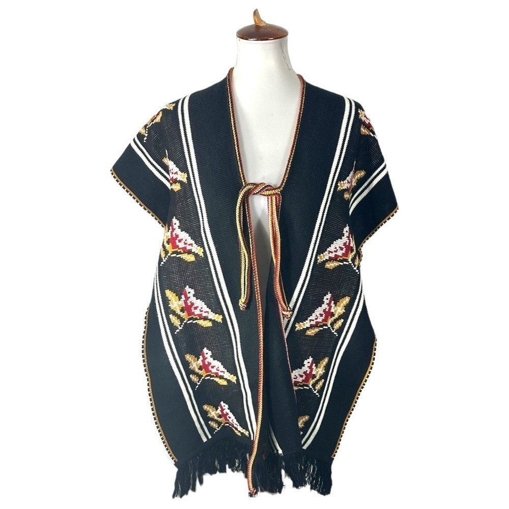 Peruvian Serape Poncho Front Tie Bird Print Boho